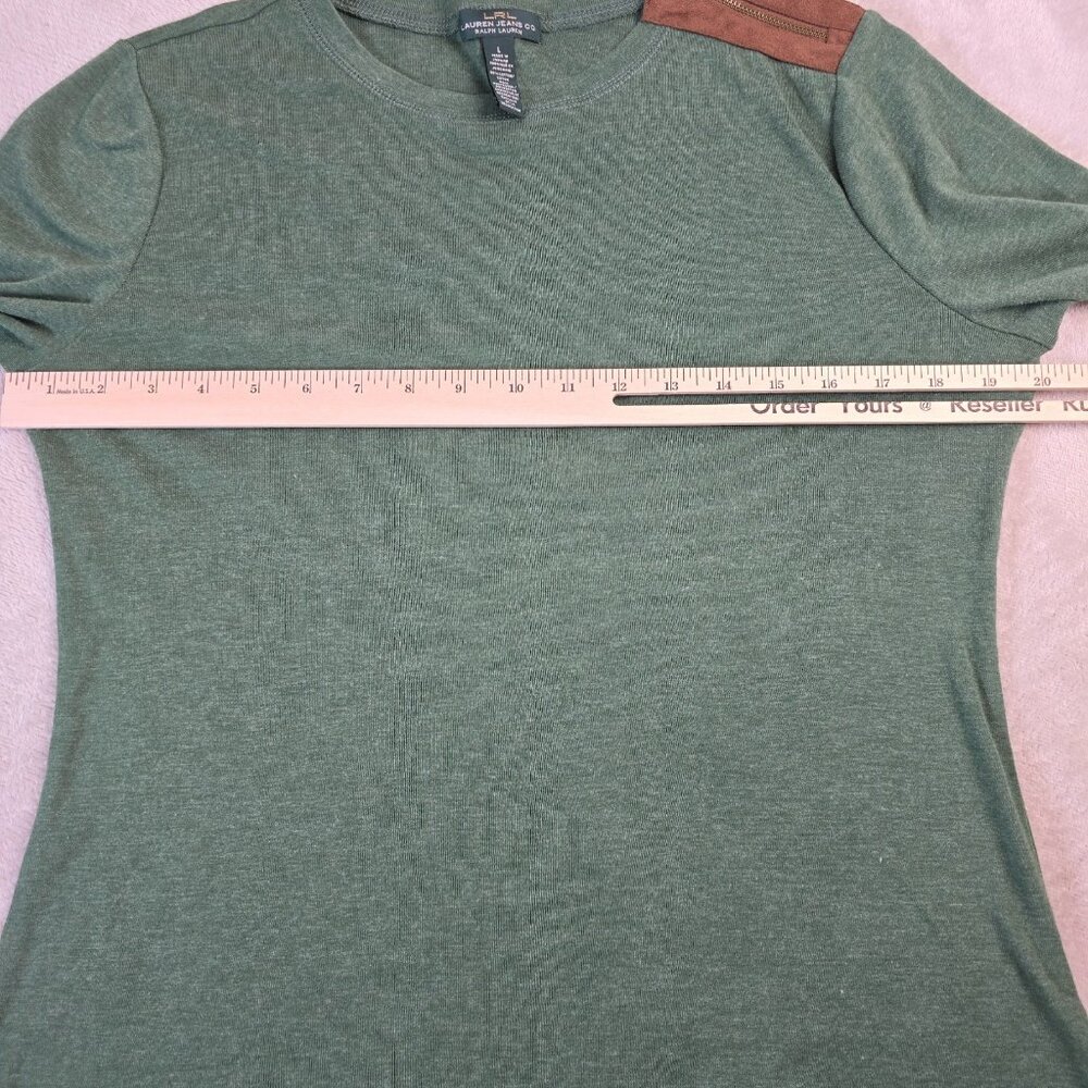 Lauren Ralph Lauren Top Womens Large Green Brown Faux Suede Elbow Patches Preppy - Picture 10 of 15